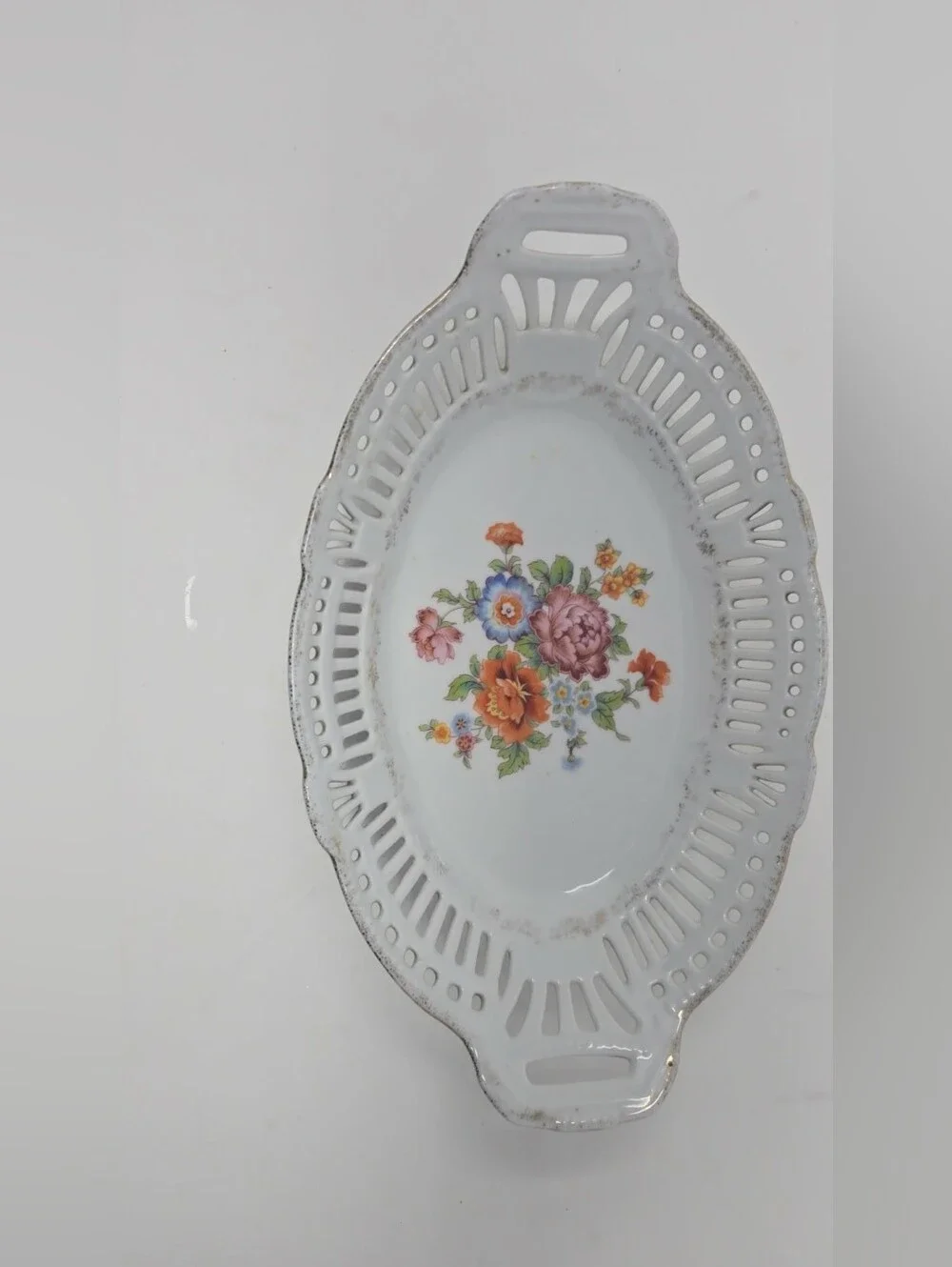 Vintage Floral Reticulated Oval Bowl Gold Trim, Pink Flowers, Made in Germany